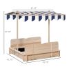 Covered Wooden Sandbox with Adjustable Canopy, Convertible Bench Seat, and Backrests, Bottom Liner, Natural Blue