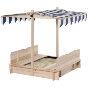 Covered Wooden Sandbox with Adjustable Canopy, Convertible Bench Seat, and Backrests, Bottom Liner, Natural Blue