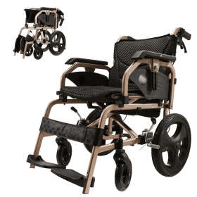 Foldable lightweight wheelchair. Equipped with double hand brakes. Adult wheelchair. Weighs only 27 lbs. Reversible and height adjustable armrests (15