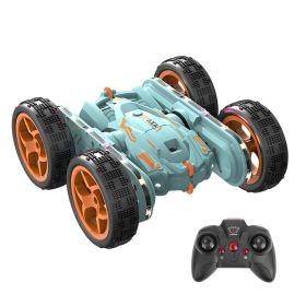 Kid Driving RC Stunt Car 7 Color Strip Light Dynamic Music Swing Arm Double-sided Rolling Remote Control Car Off Road 2.4GHz 4WD Rechargeable Racing T (Color: LightBlue)